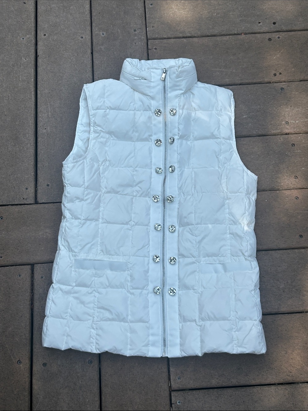 CM 1969 ciao Milano White Quilted Sleeveless Puffer Vest with Rhinestone Buttons